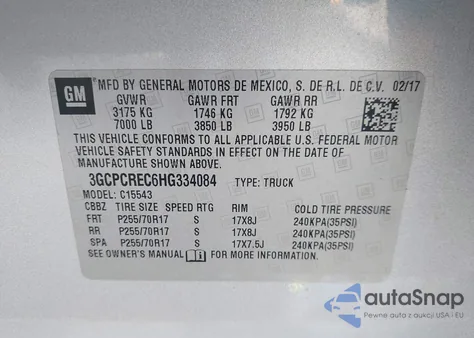 2017 Chevrolet Silverado 1Lt из США, поврежденный, VIN 3GCPCREC6HG334084